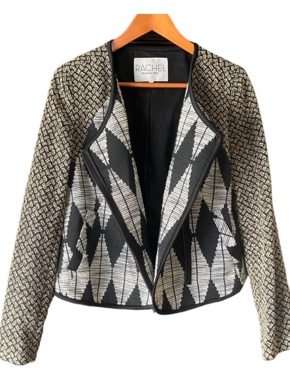 RACHEL Rachel Roy Black & Cream Geometric Open-Front Blazer.